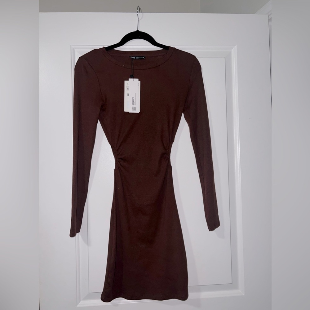 BROWN ZARA LONG SLEEVE MINI DRESS